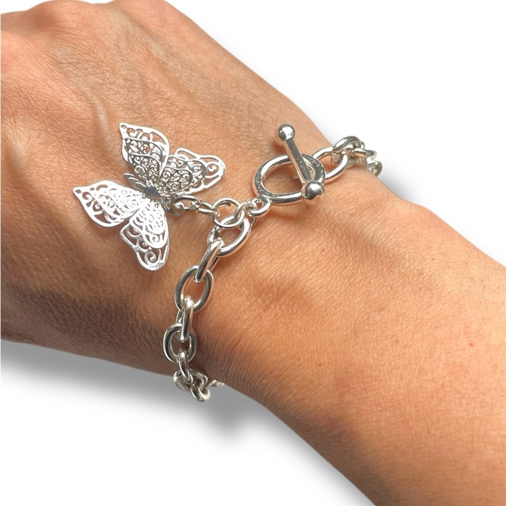 Silver Chain Bracelet with Butterfly Charm Recycled Pieces Bracelet 7”